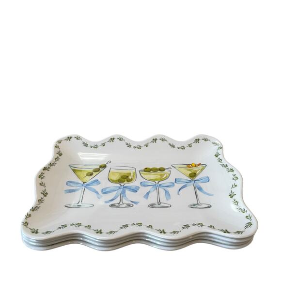 Rachel Zoe Cocktails & Bows Melamine Appetizer Plates 9x6 Set of 4 Scalloped NEW - Picture 8 of 14
